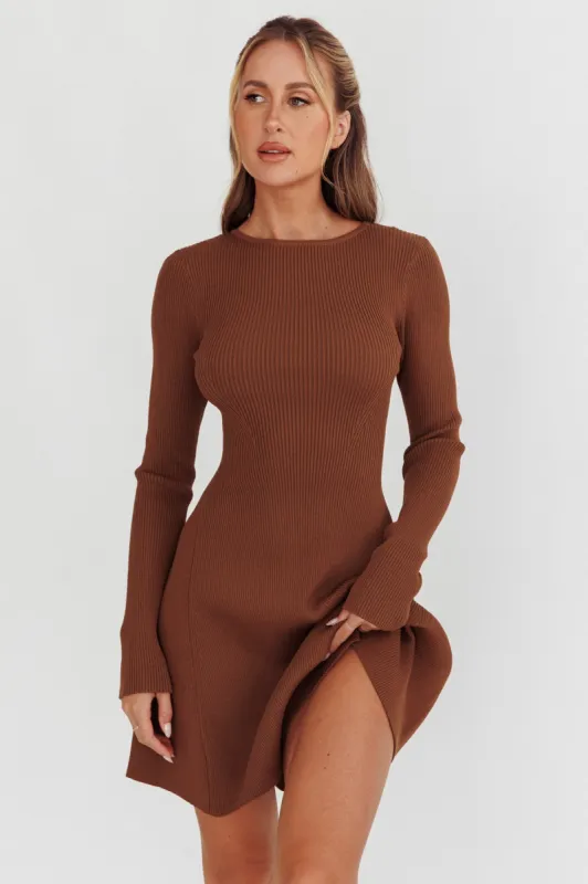 Intuitions Long Sleeve Ribbed Knit Dress Chocolate sold by Selfie Leslie