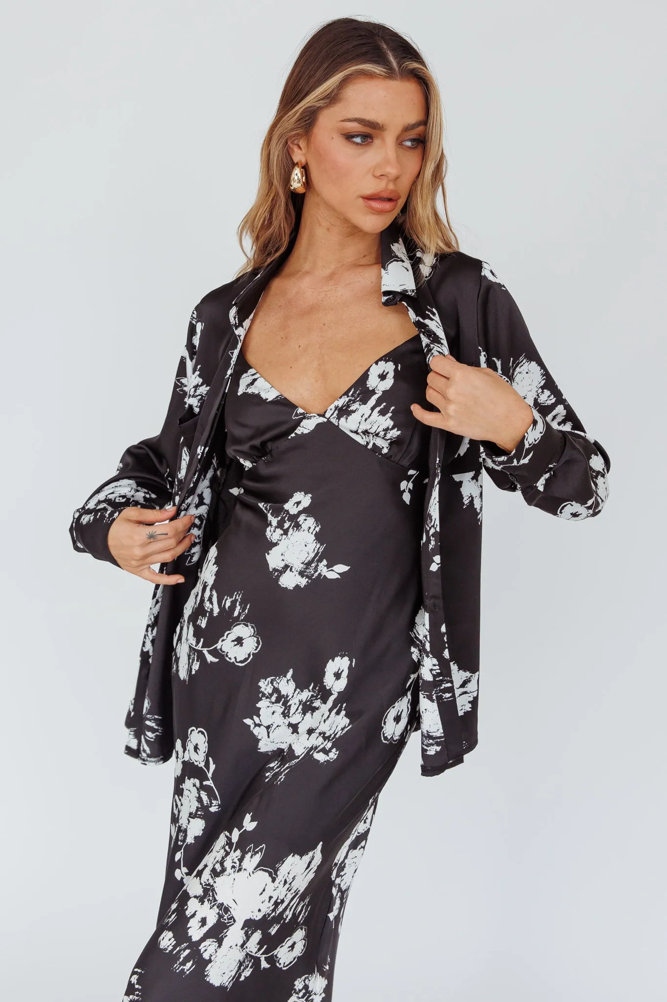 Dillon Long Sleeve Satin Shirt Floral Black sold by Selfie Leslie product image thumbnail 5