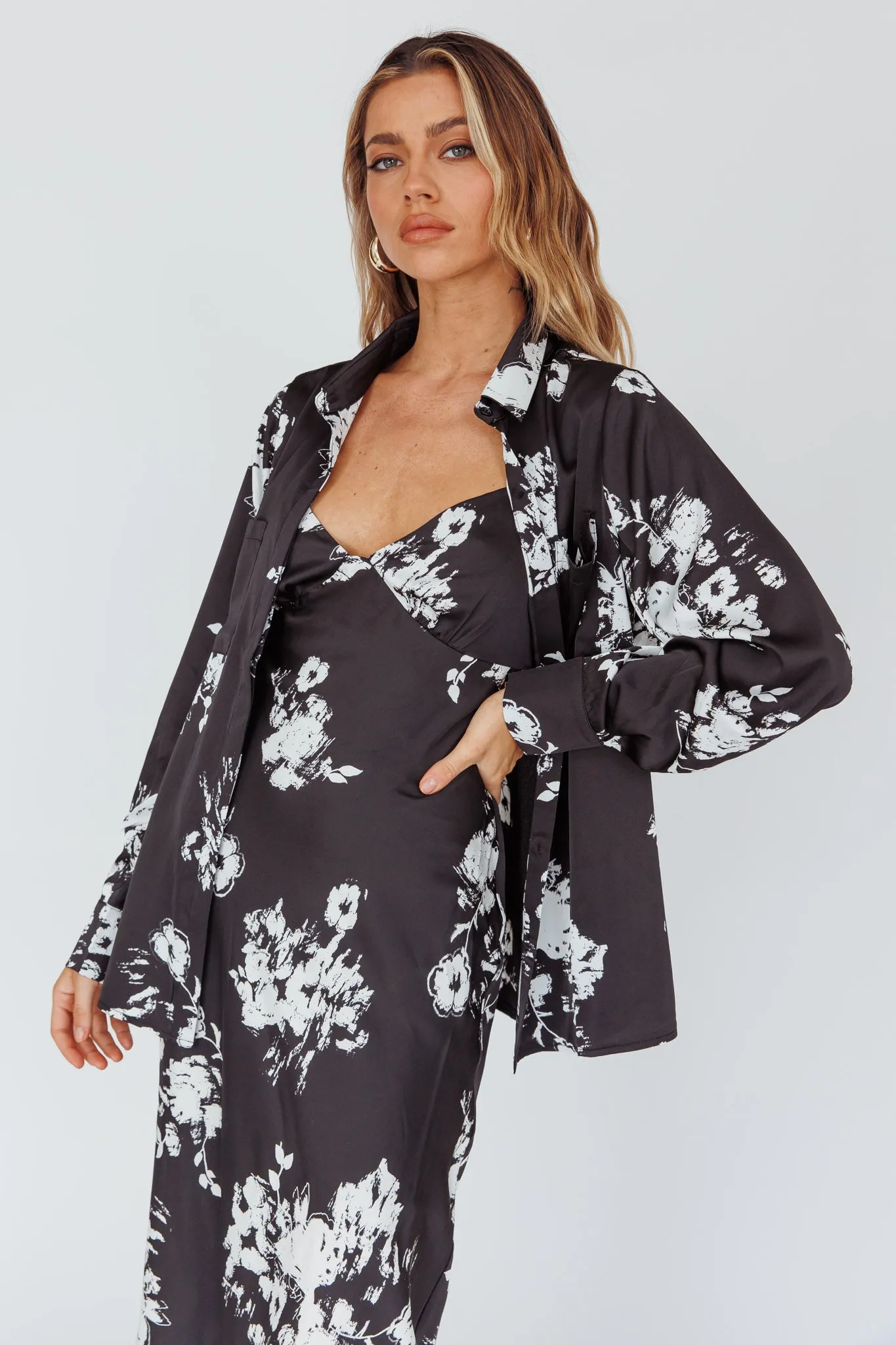 Dillon Long Sleeve Satin Shirt Floral Black sold by Selfie Leslie