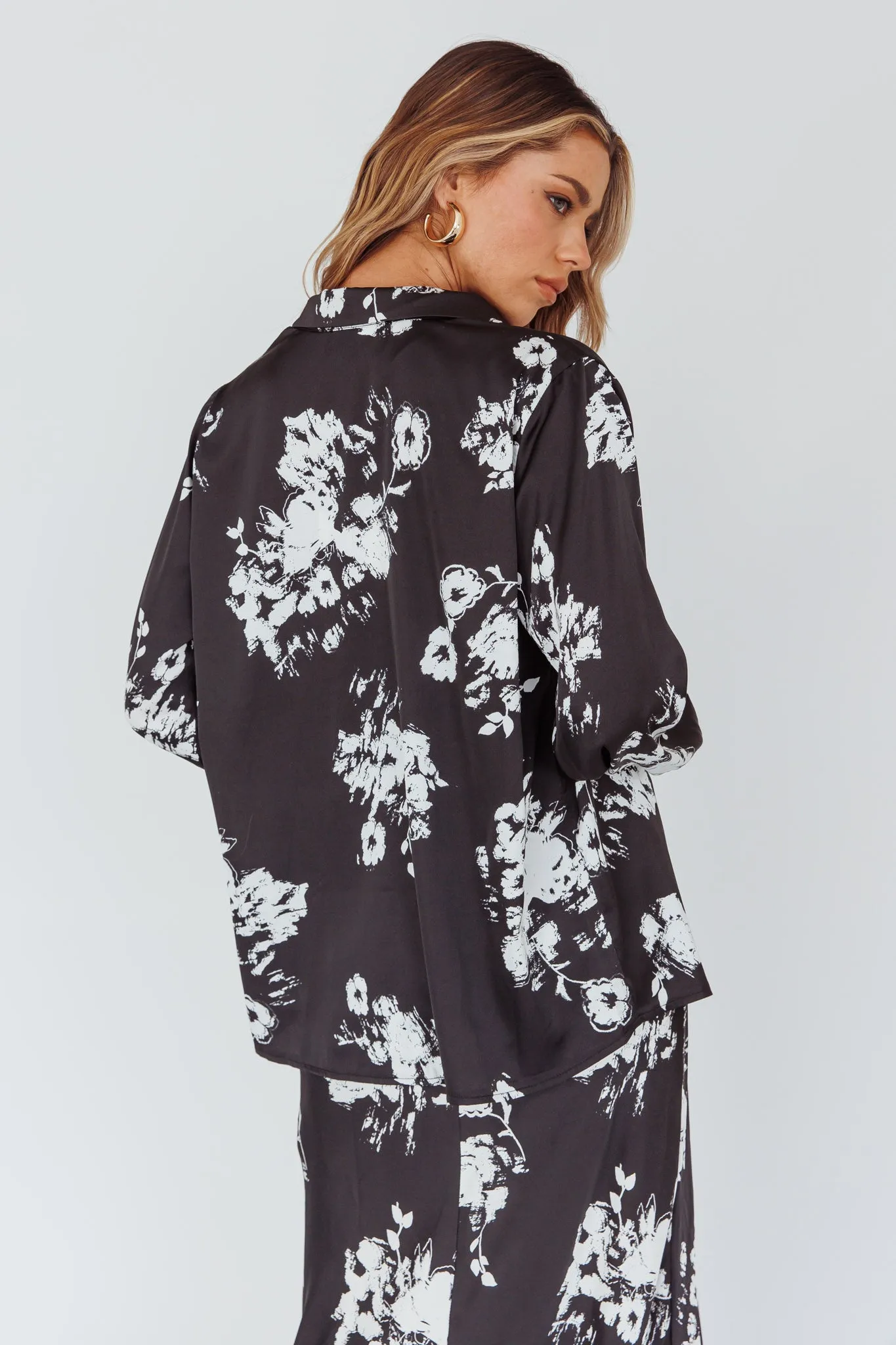 Dillon Long Sleeve Satin Shirt Floral Black sold by Selfie Leslie product image thumbnail 2
