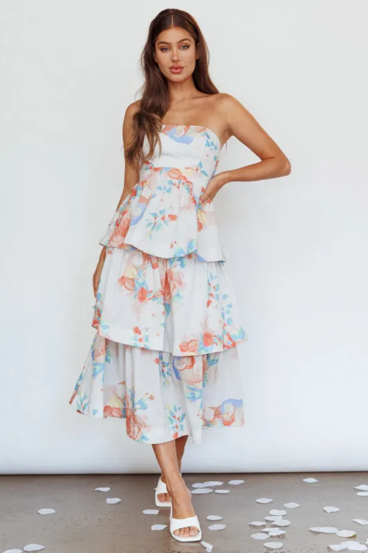 Outshine Strapless Tiered Midi Dress Floral Peach sold by Selfie Leslie