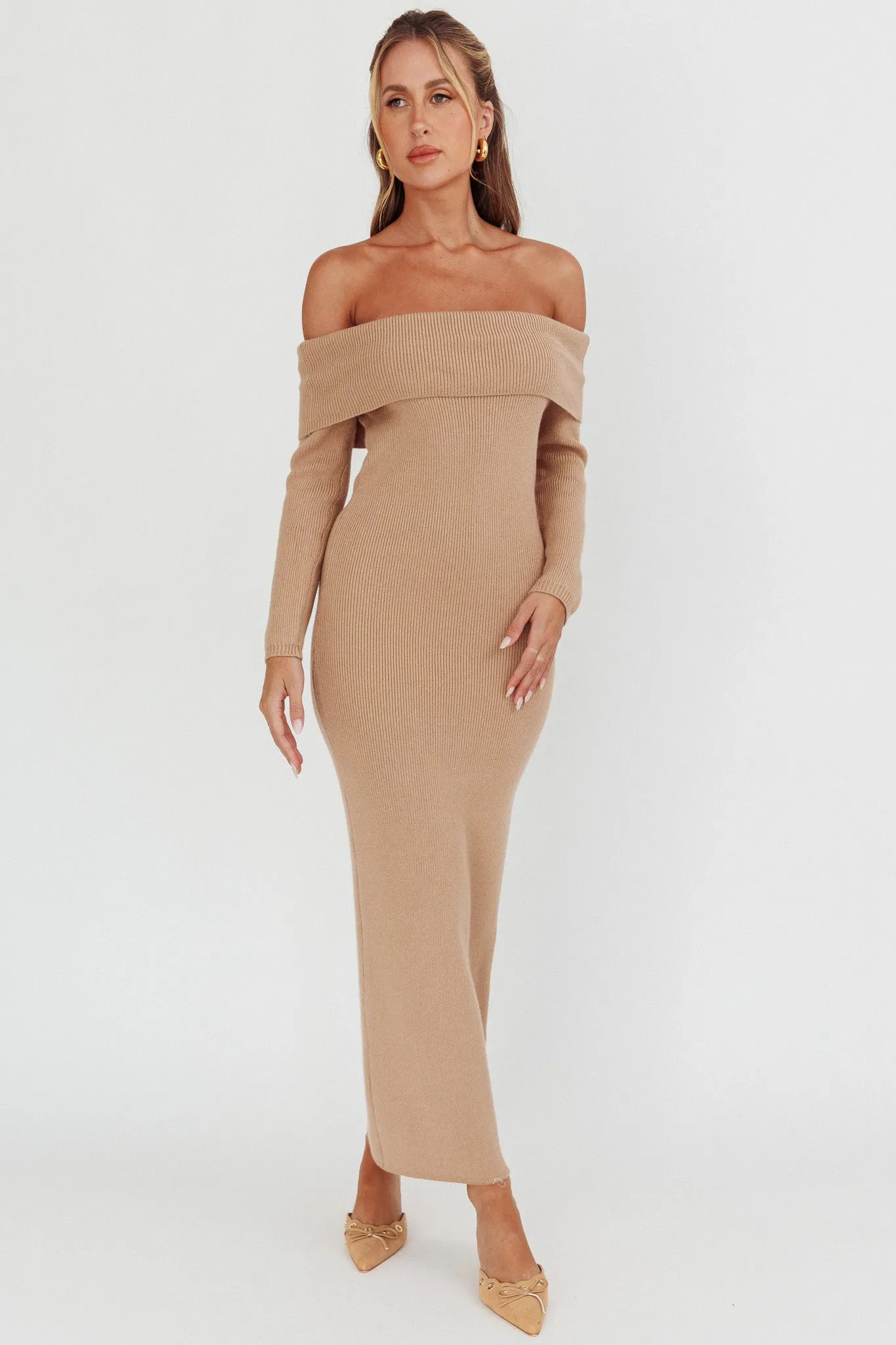 Winter Wonder Off-Shoulder Knit Maxi Dress Mocha sold by Selfie Leslie product image thumbnail 5