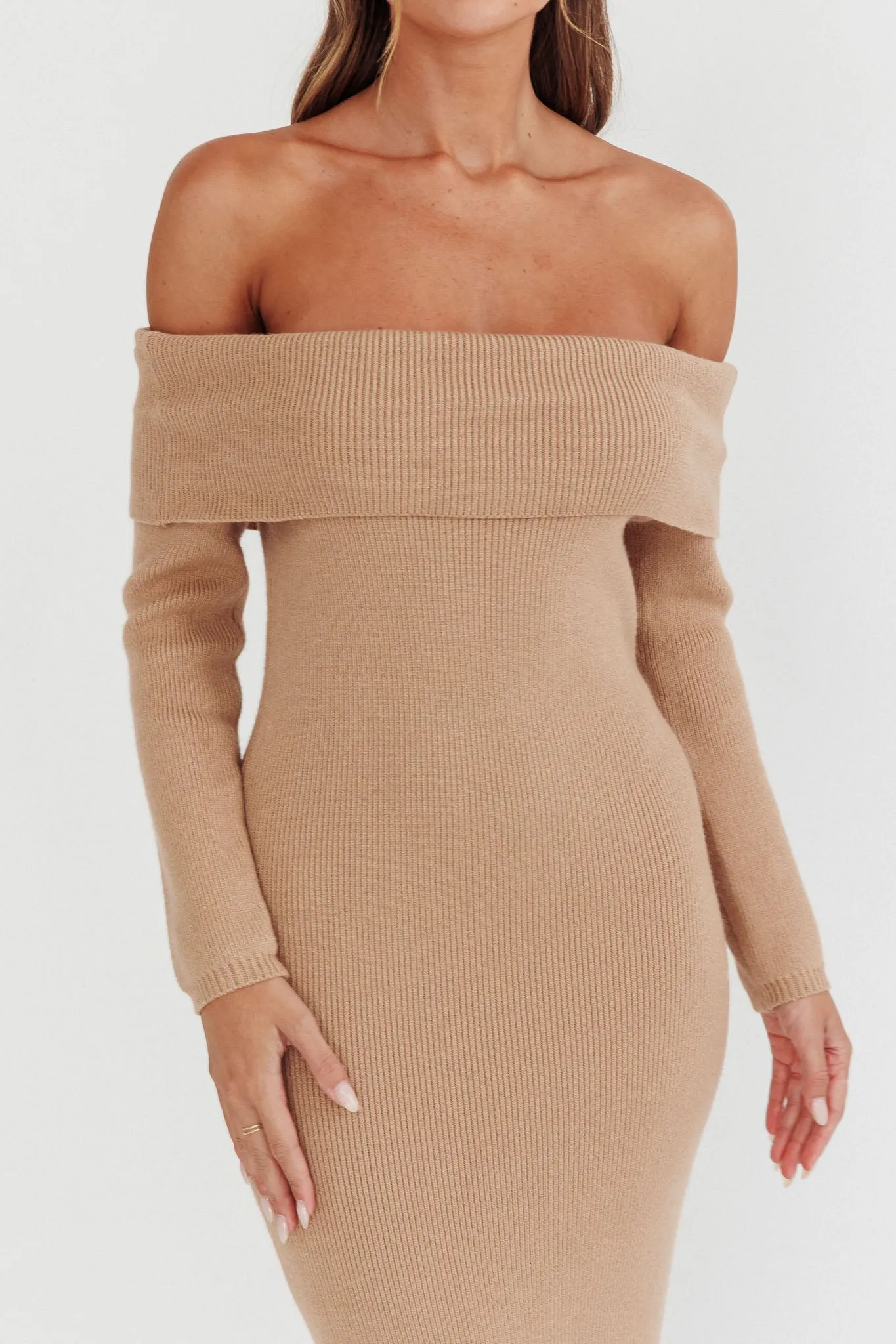 Winter Wonder Off-Shoulder Knit Maxi Dress Mocha sold by Selfie Leslie product image thumbnail 4