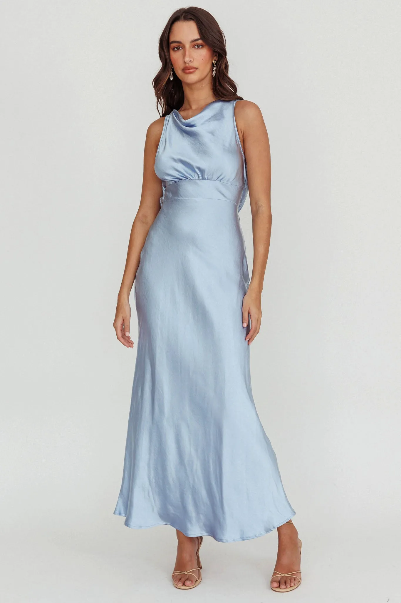 Isabella Satin Backless Maxi Dress Ocean sold by Selfie Leslie
