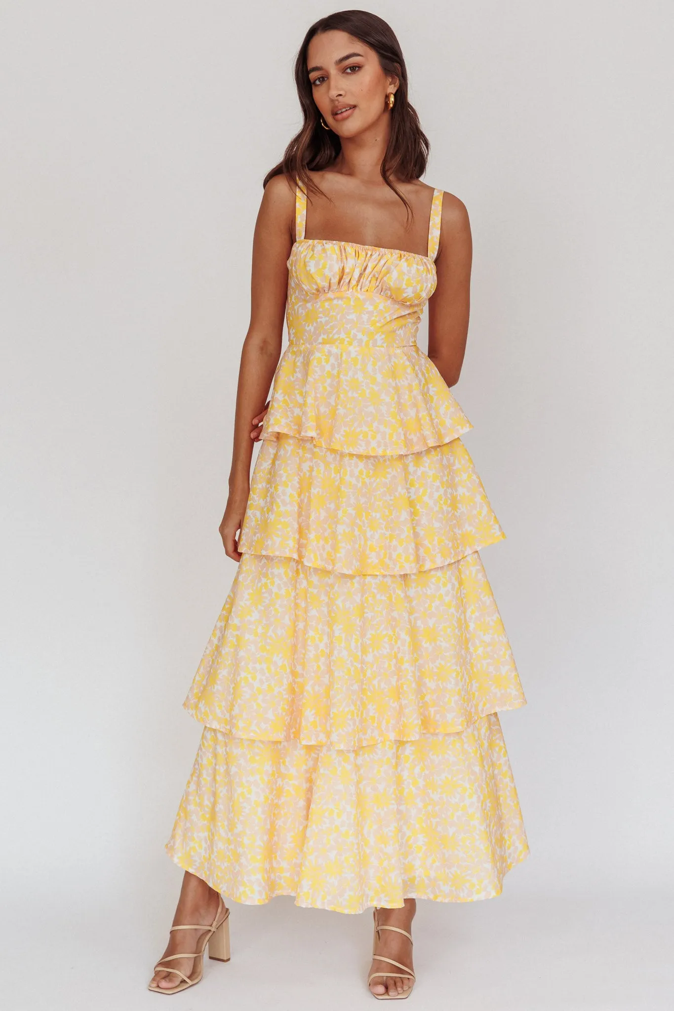 Provence Bloom Tiered Ruffle Floral Maxi Dress Yellow sold by Selfie Leslie product image thumbnail 3