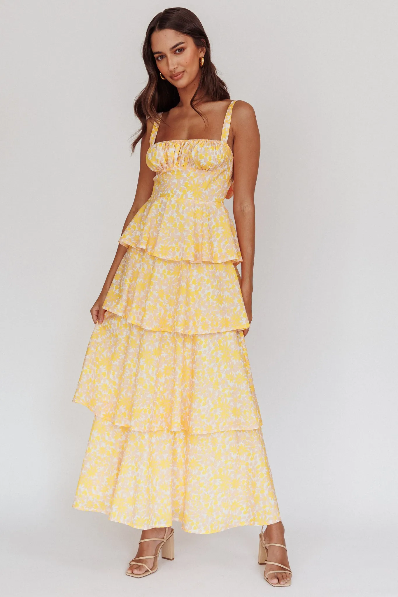 Provence Bloom Tiered Ruffle Floral Maxi Dress Yellow sold by Selfie Leslie