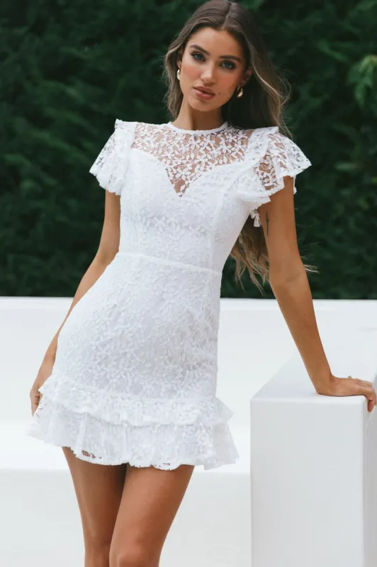 Lark Crew Neck Ruffle Sleeve Dress Lace Overlay White sold by Selfie Leslie
