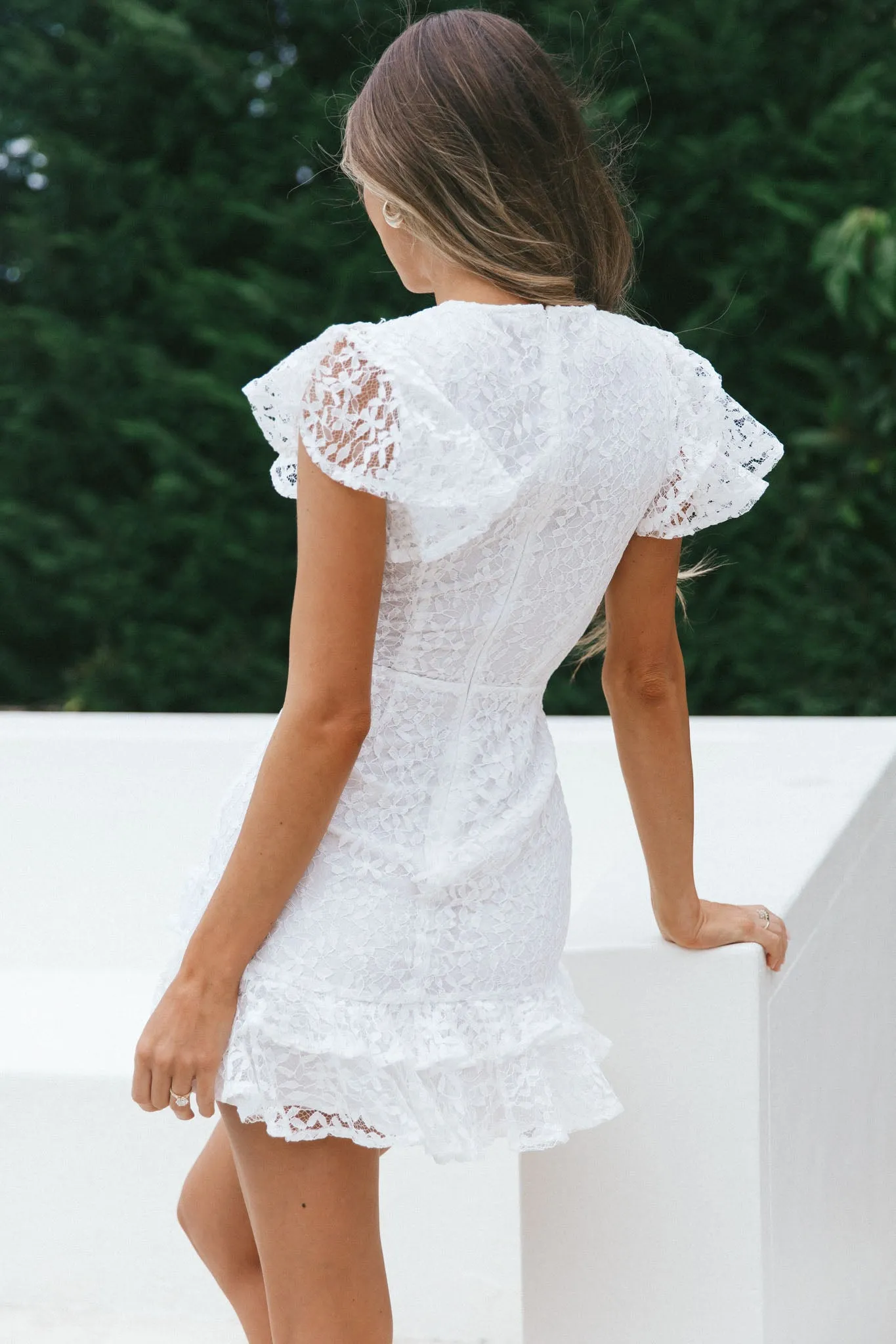 Lark Crew Neck Ruffle Sleeve Dress Lace Overlay White sold by Selfie Leslie product image thumbnail 2