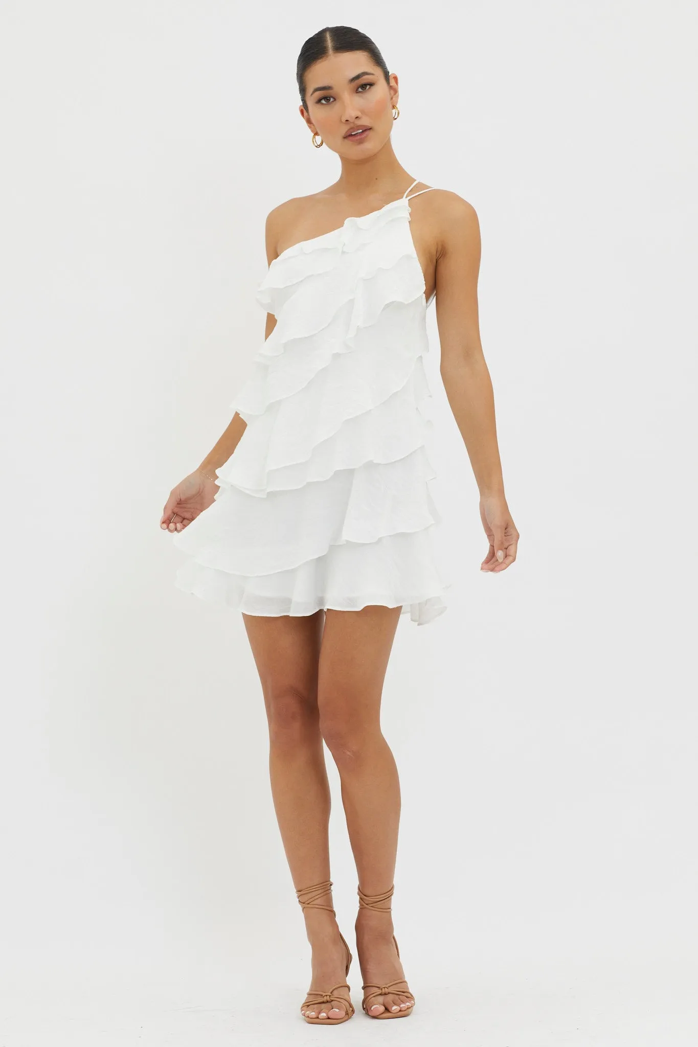Arrabel Tiered Ruffle Mini Dress White sold by Selfie Leslie product image thumbnail 3