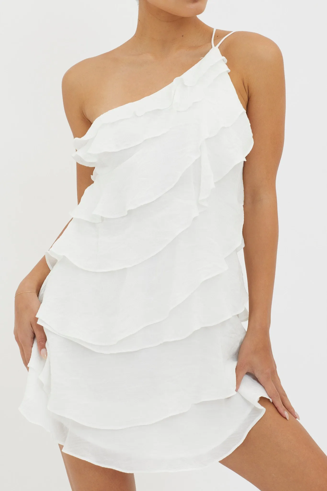 Arrabel Tiered Ruffle Mini Dress White sold by Selfie Leslie product image thumbnail 4