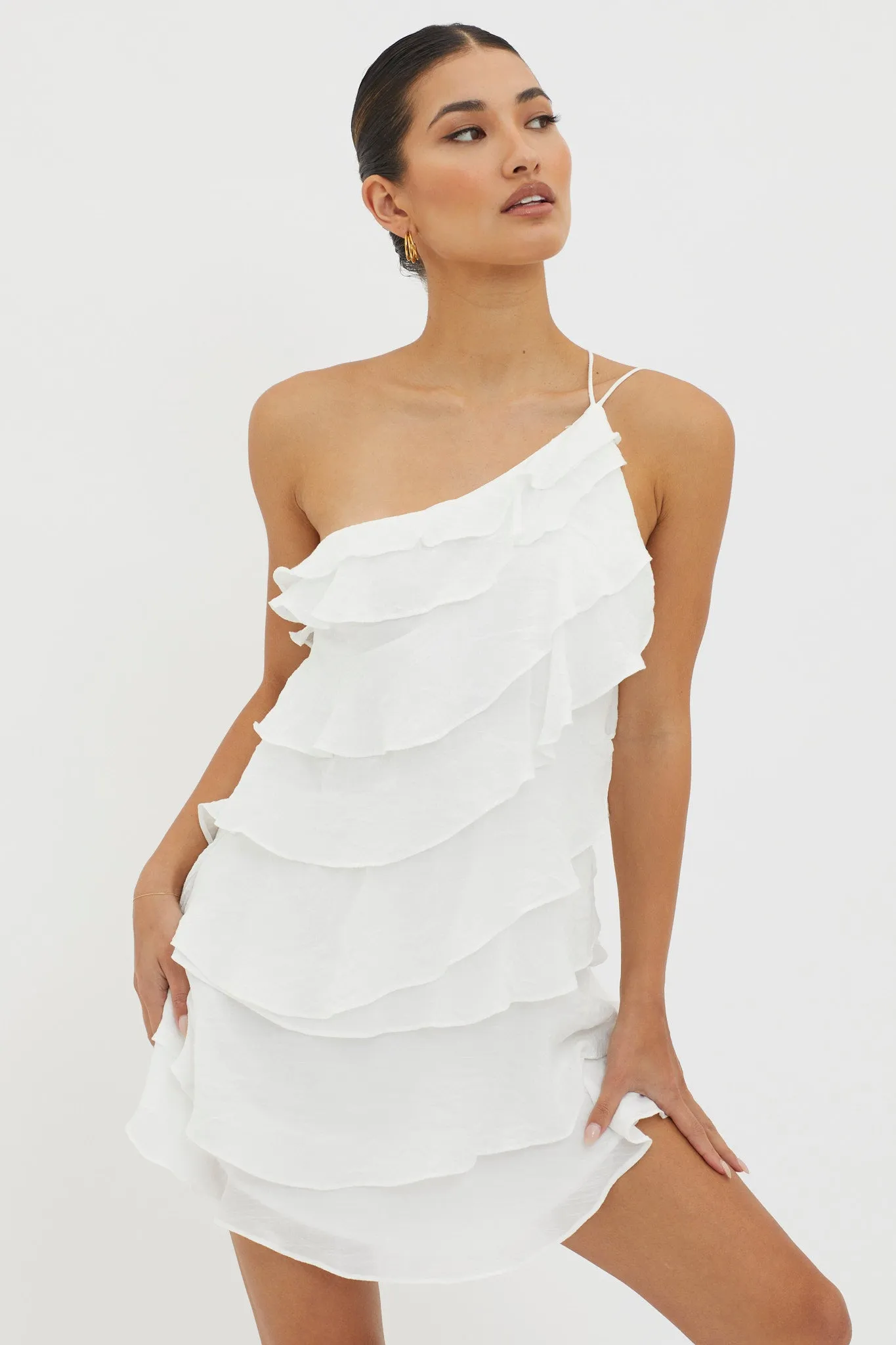 Arrabel Tiered Ruffle Mini Dress White sold by Selfie Leslie