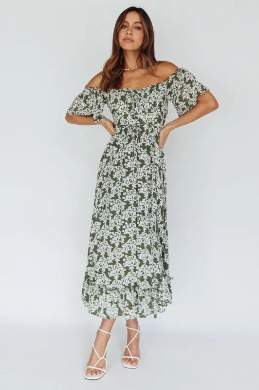 Voyager Off-Shoulder Bell Sleeve Midi Dress Floral Green sold by Selfie Leslie