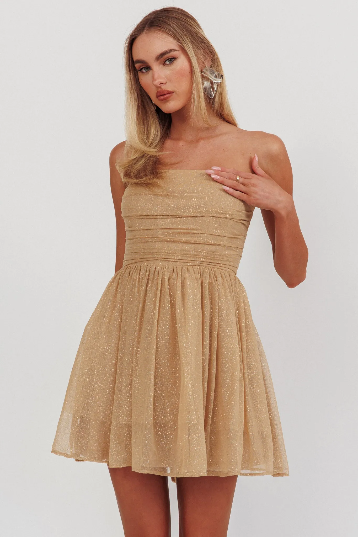 Guilty Pleasure Strapless Glitter Mini Dress Gold sold by Selfie Leslie