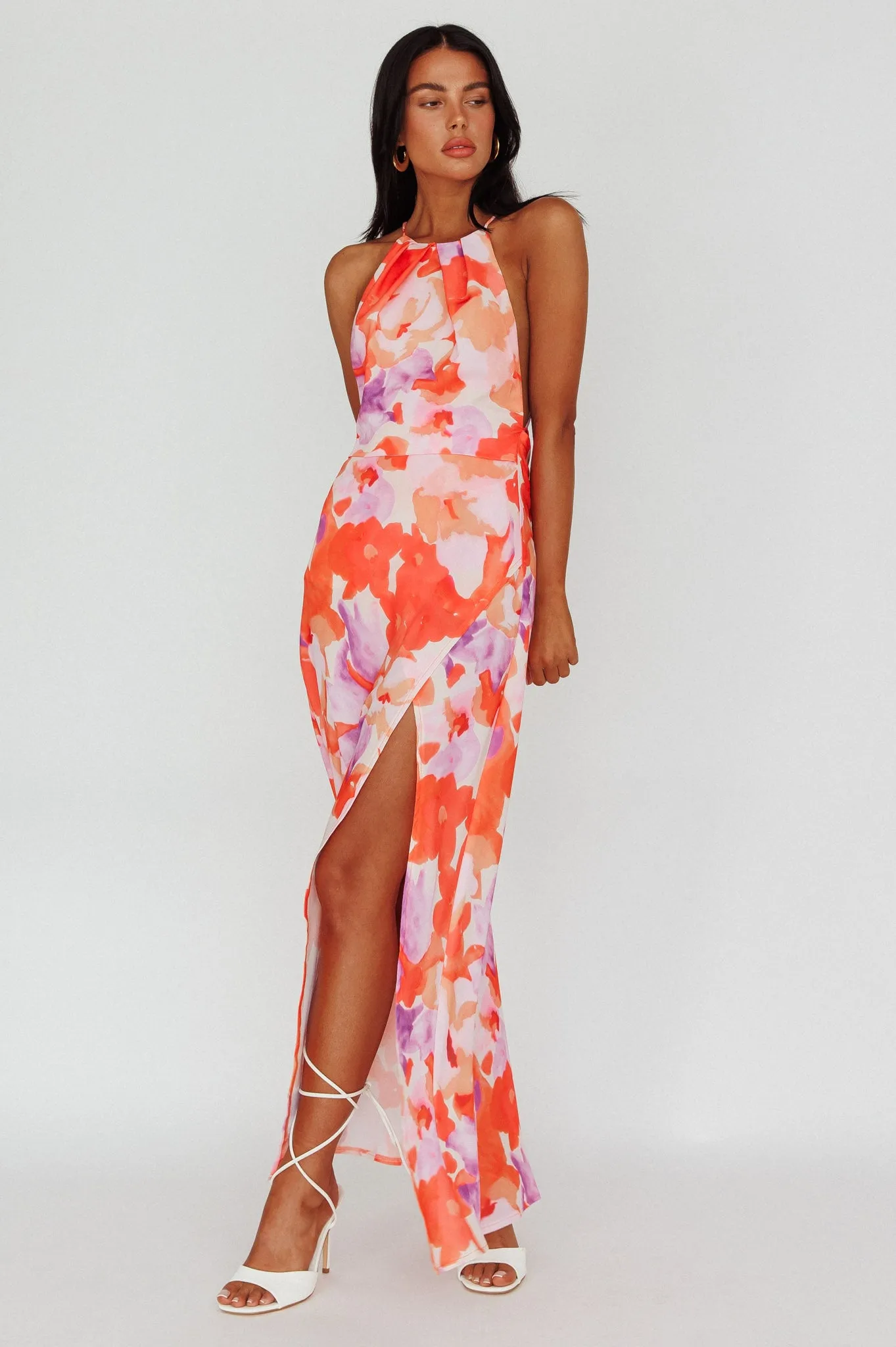 Val Cowl Back Maxi Dress Floral Orange sold by Selfie Leslie