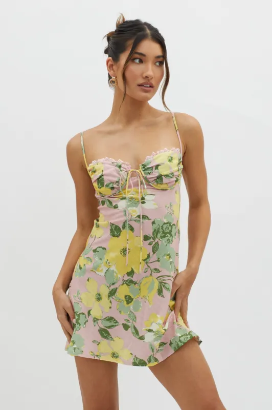 Fortune Lace Trim Bust Tie Mini Dress Floral Pink sold by Selfie Leslie