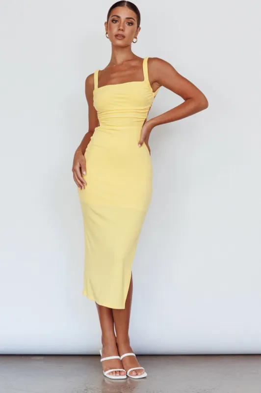 Dream Crush Lace-Up Back Side Split Midi Dress Lemon sold by Selfie Leslie