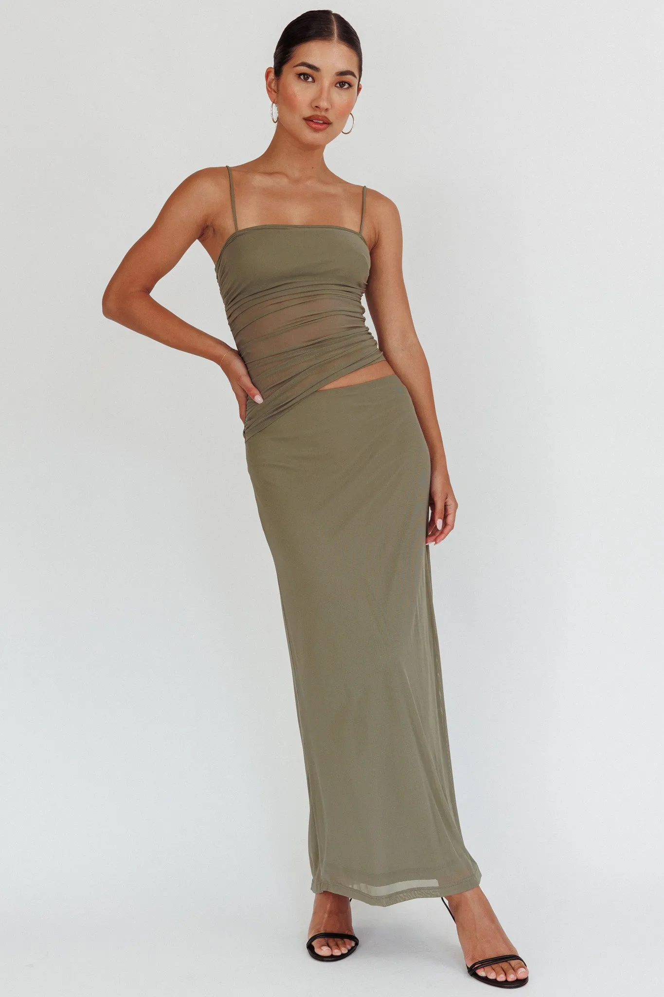 Lorely Ruched Bodice Maxi Dress Olive sold by Selfie Leslie product image thumbnail 3