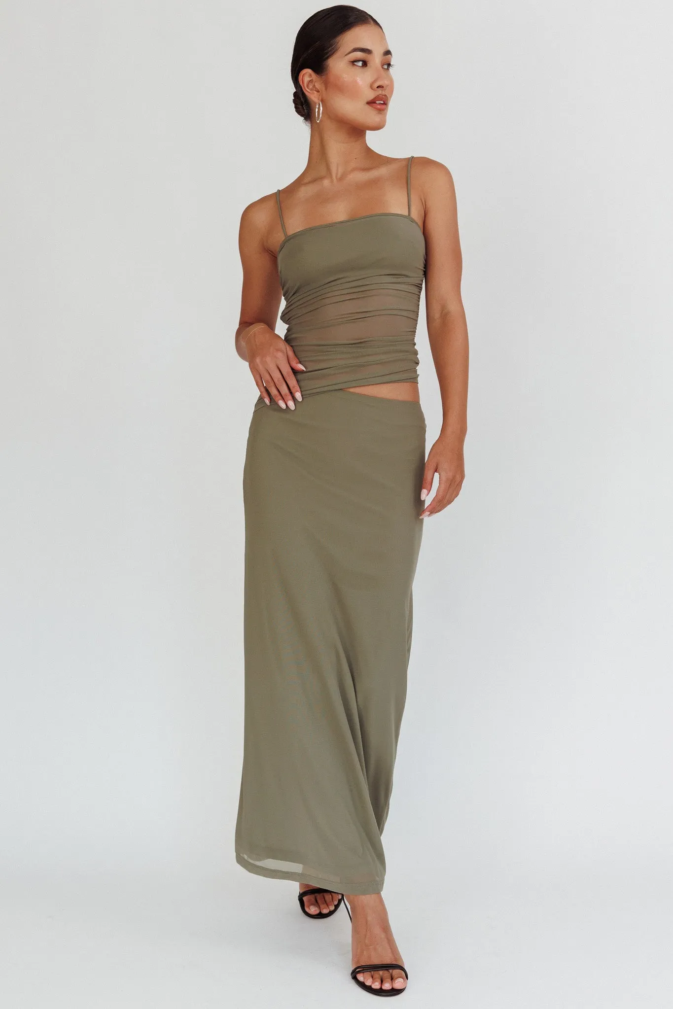 Lorely Ruched Bodice Maxi Dress Olive sold by Selfie Leslie