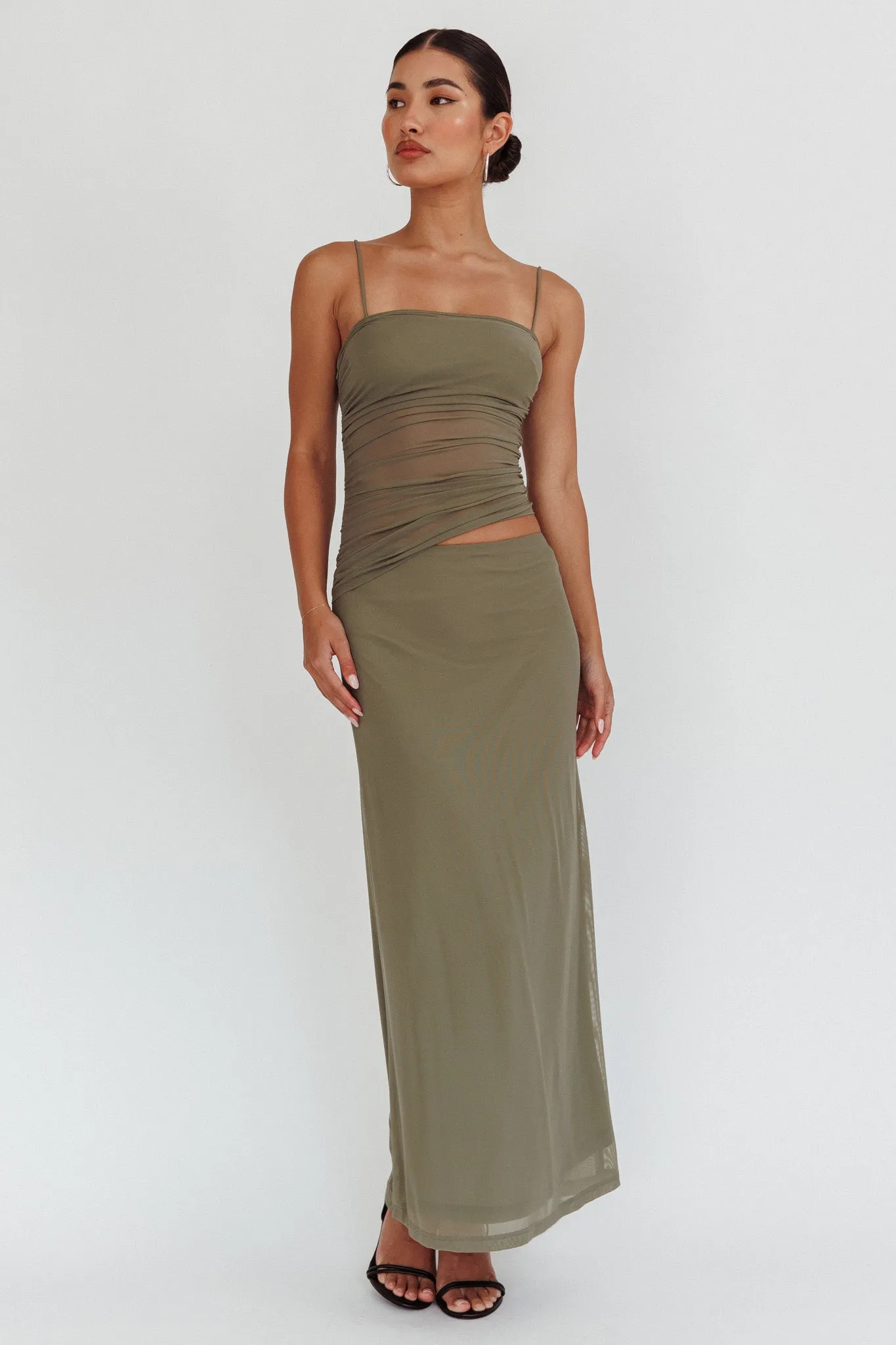 Lorely Ruched Bodice Maxi Dress Olive sold by Selfie Leslie product image thumbnail 5