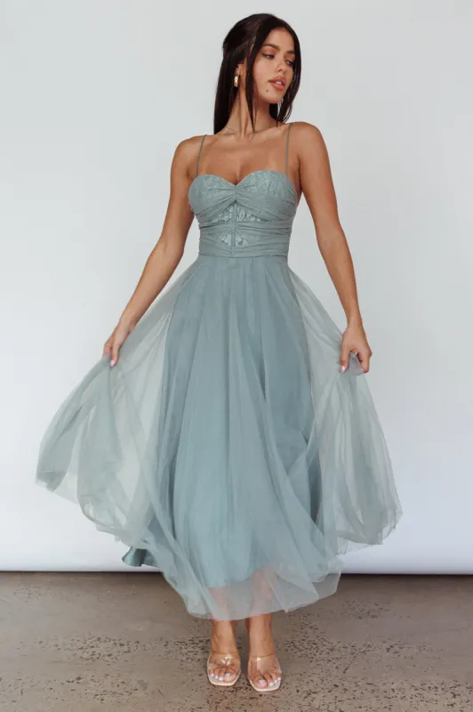 Smitten Lace Insert Tulle Midi Dress Sage sold by Selfie Leslie