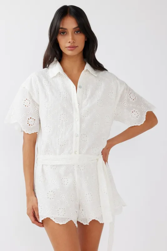 Junie Eyelet Embroidery Waist Tie Romper White sold by Selfie Leslie