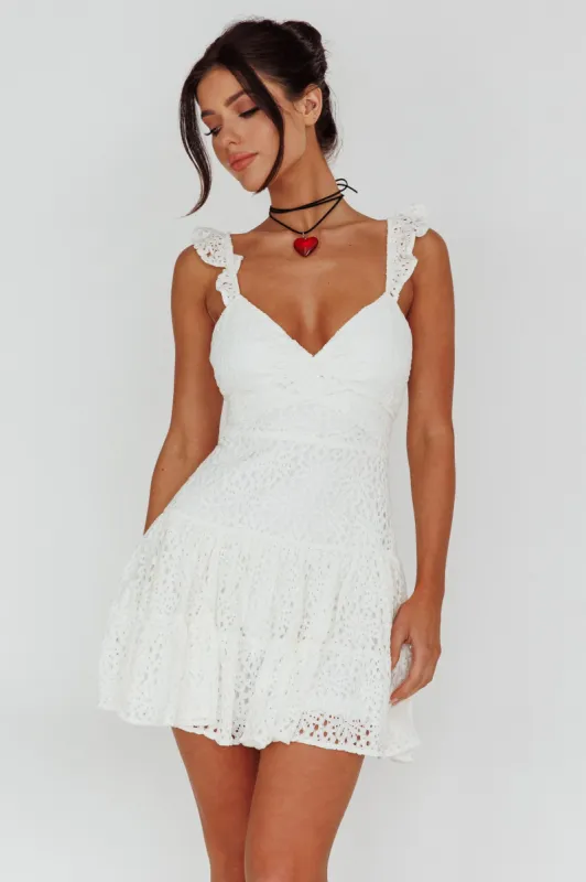 Short Notice Ruffle Strap Lace Mini Dress White sold by Selfie Leslie