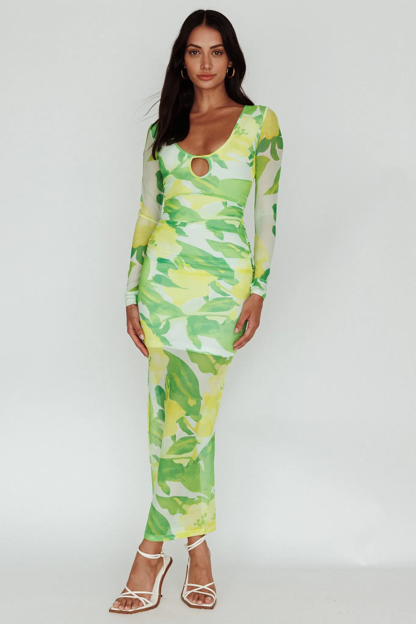 Chardae Long Sleeve Mesh Midi Dress Floral Green sold by Selfie Leslie product image thumbnail 5