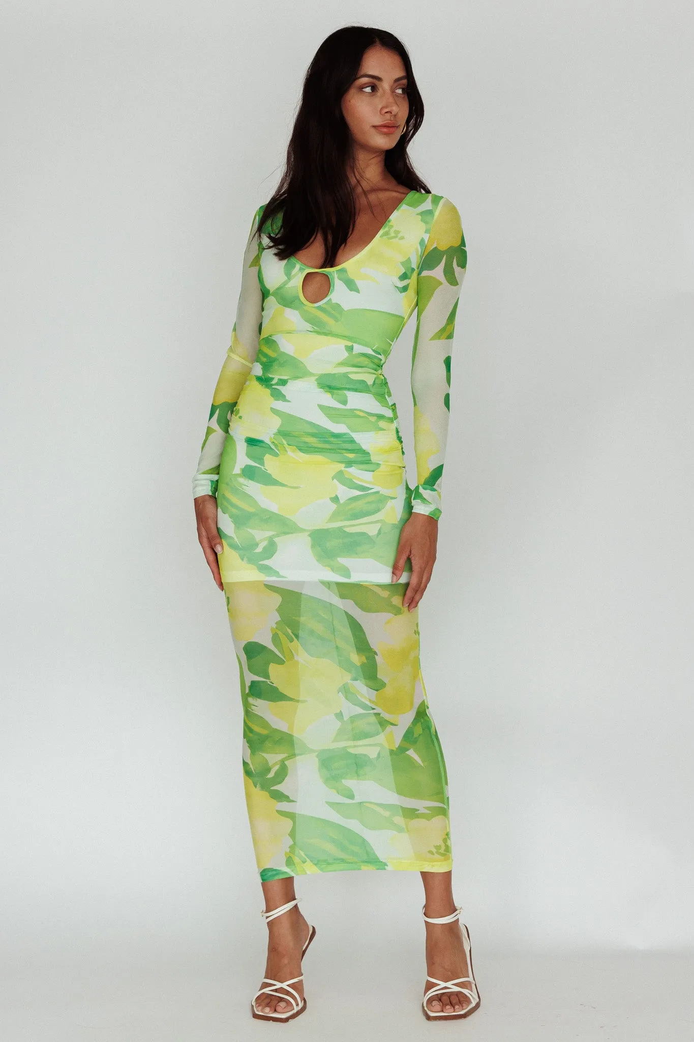 Chardae Long Sleeve Mesh Midi Dress Floral Green sold by Selfie Leslie product image thumbnail 3