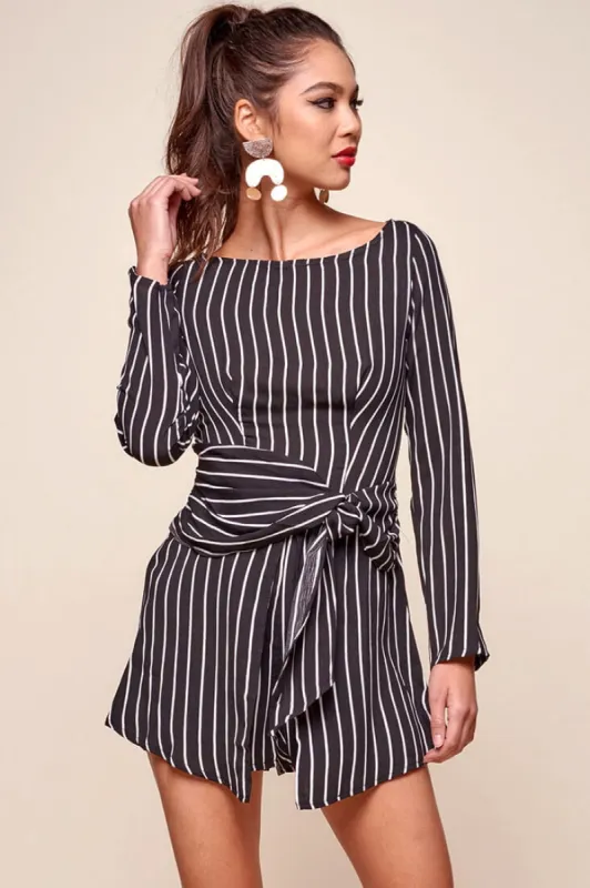 Abbey Waist Tie Pinstripe Romper Black & White sold by Selfie Leslie