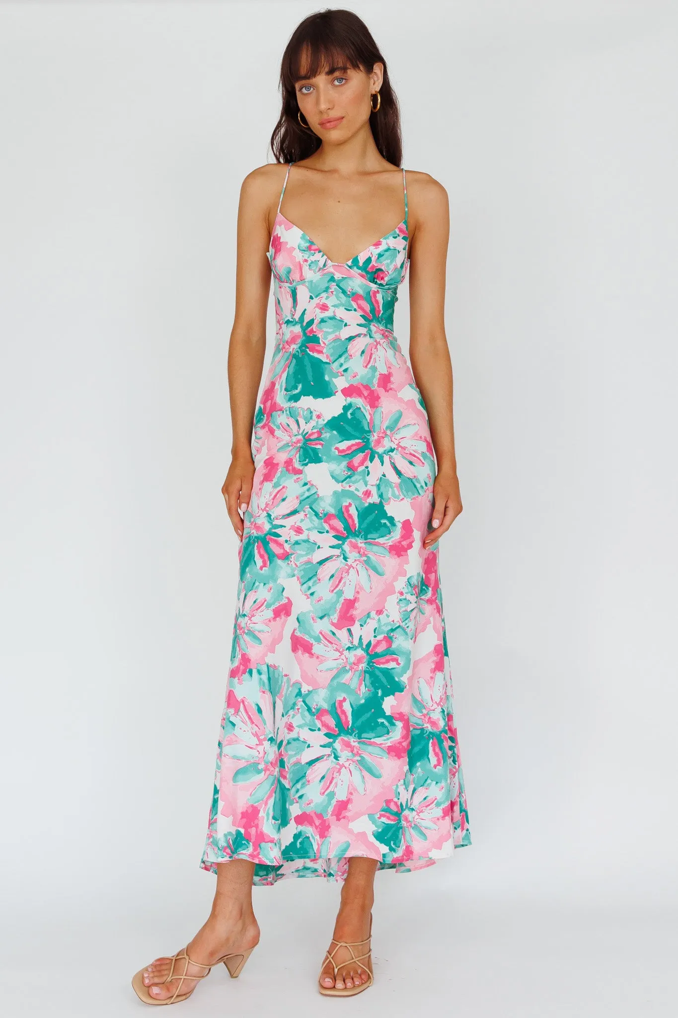 Alora Tie-Up Back Maxi Dress Flower Green sold by Selfie Leslie