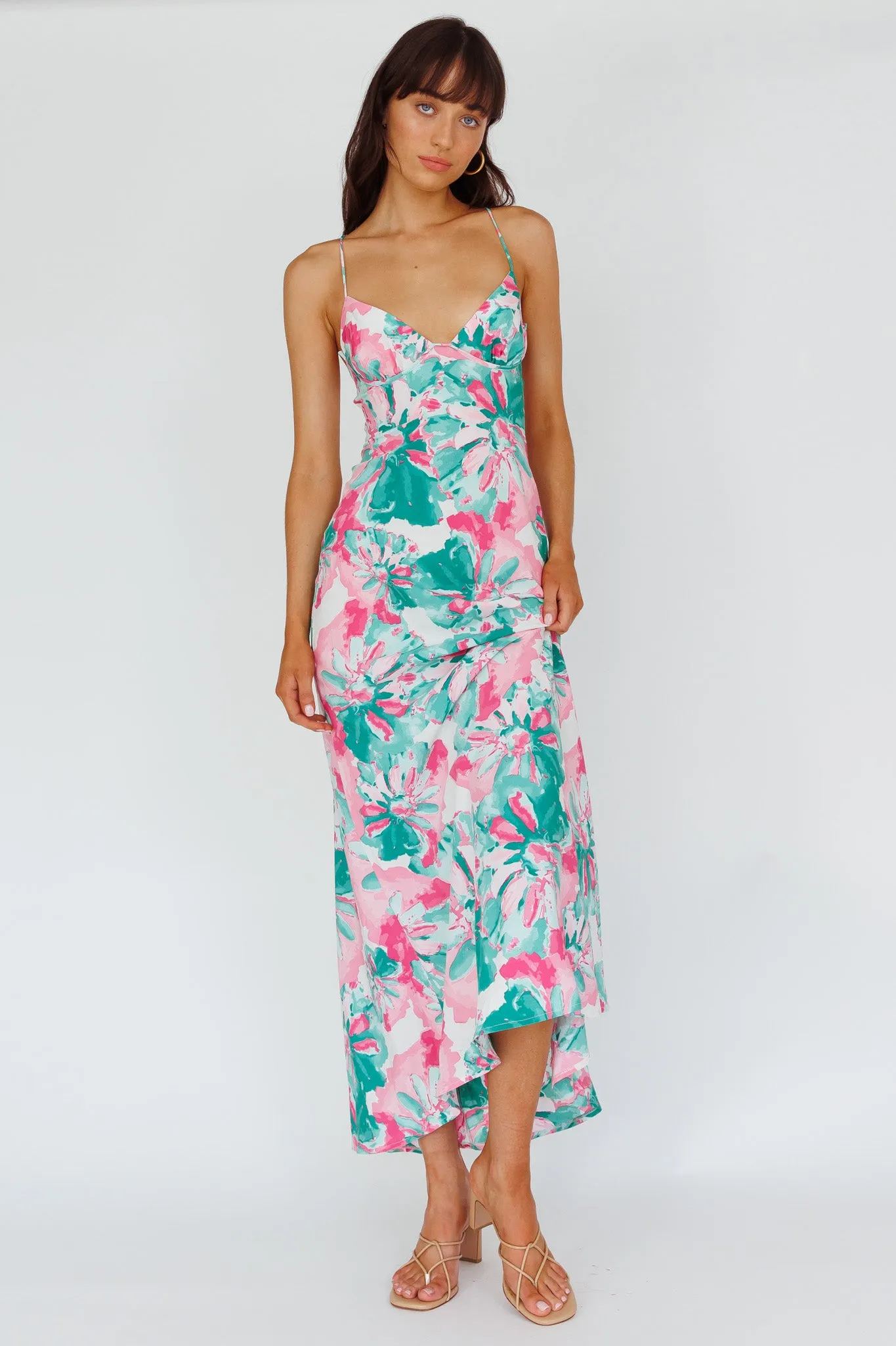 Alora Tie-Up Back Maxi Dress Flower Green sold by Selfie Leslie product image thumbnail 3