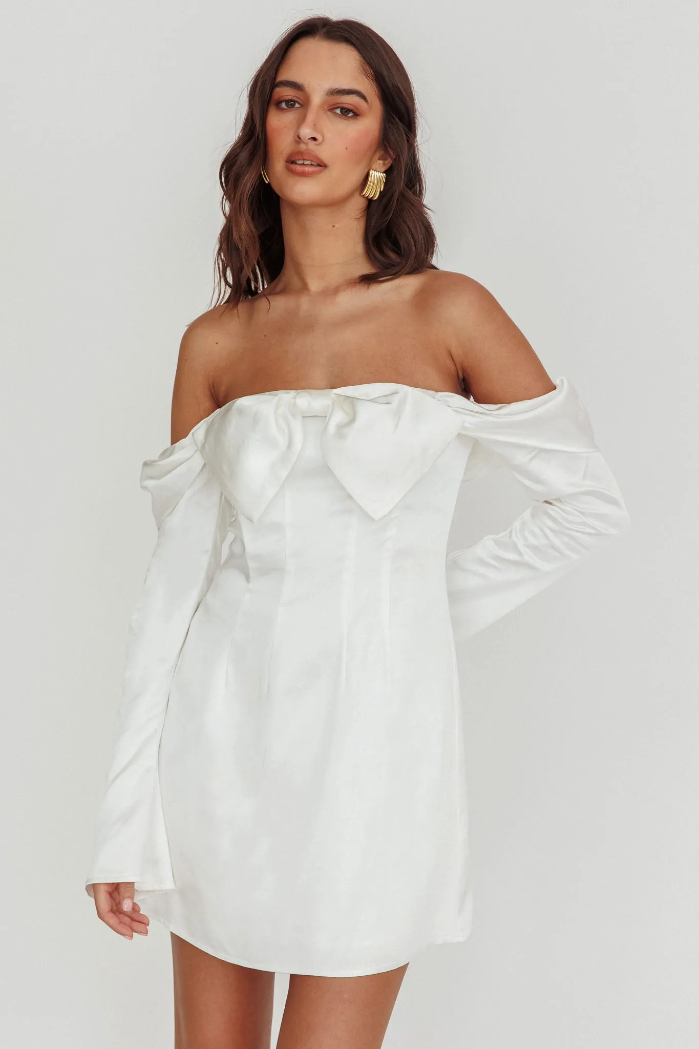 Lilith Off Shoulder Bow Mini Dress White sold by Selfie Leslie product image thumbnail 5