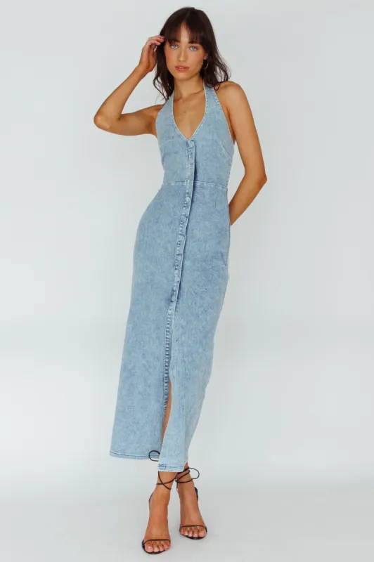 Renita Halterneck Button Maxi Dress Denim Blue sold by Selfie Leslie