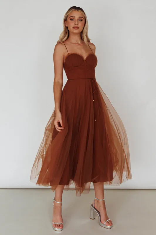 Smitten Sweetheart Neckline Chiffon Midi Dress Chocolate sold by Selfie Leslie