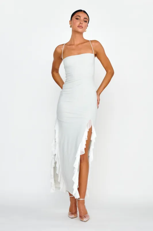 Rosilyn Split Ruffle Midi Dress Silver sold by Selfie Leslie