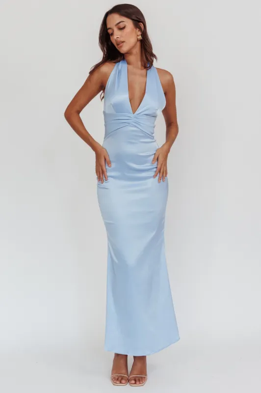 Italia Azure Pleat Bodice Halterneck Maxi Dress Light Blue sold by Selfie Leslie