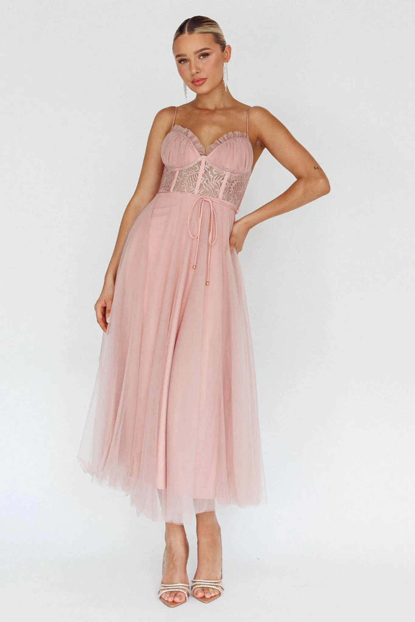 Trophy Lace Bodice Mesh Midi Dress Blush sold by Selfie Leslie