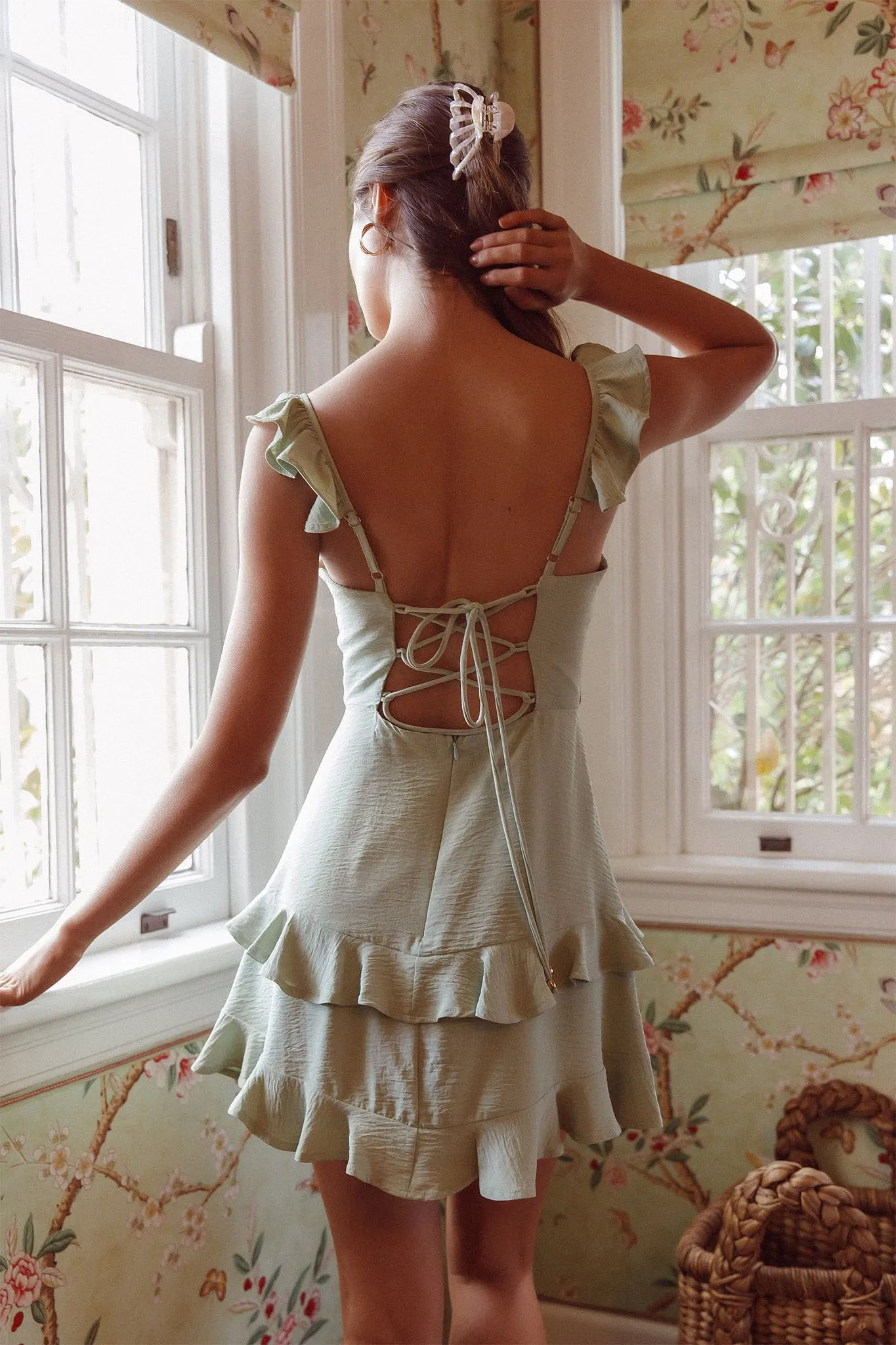 Moonlit Moment Ruffle Trim Piping Detail Lace-Up Back Dress Sage sold by Selfie Leslie product image thumbnail 2