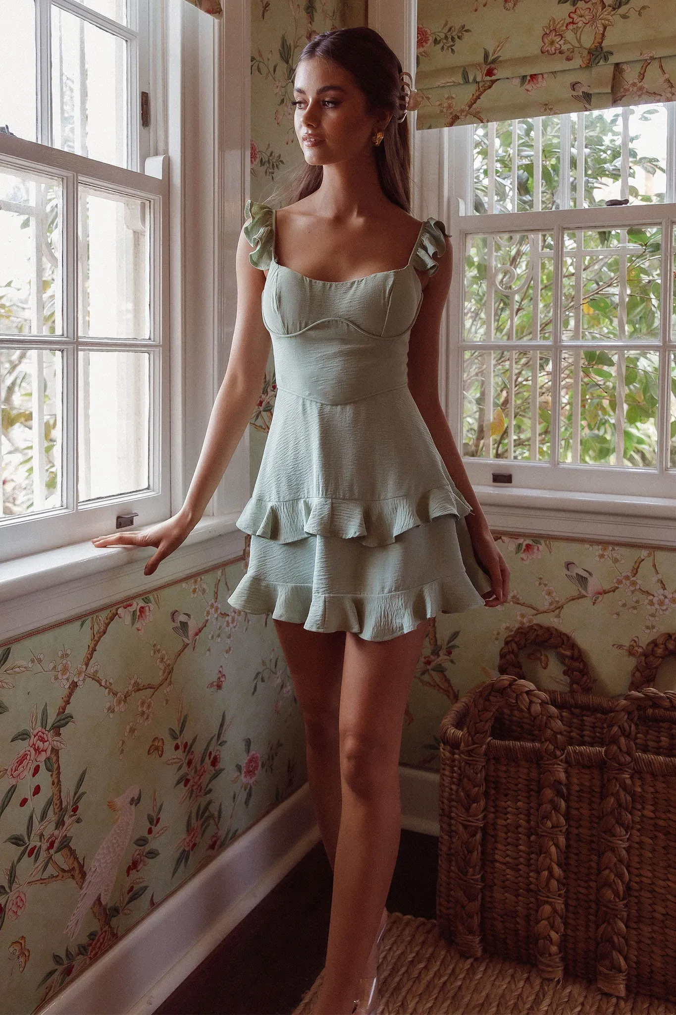 Moonlit Moment Ruffle Trim Piping Detail Lace-Up Back Dress Sage sold by Selfie Leslie product image thumbnail 3