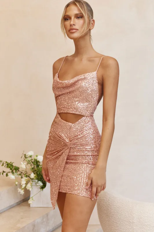 Miami Nights Cowl Neckline Twist Feature Mini Dress Sequin Pink sold by Selfie Leslie