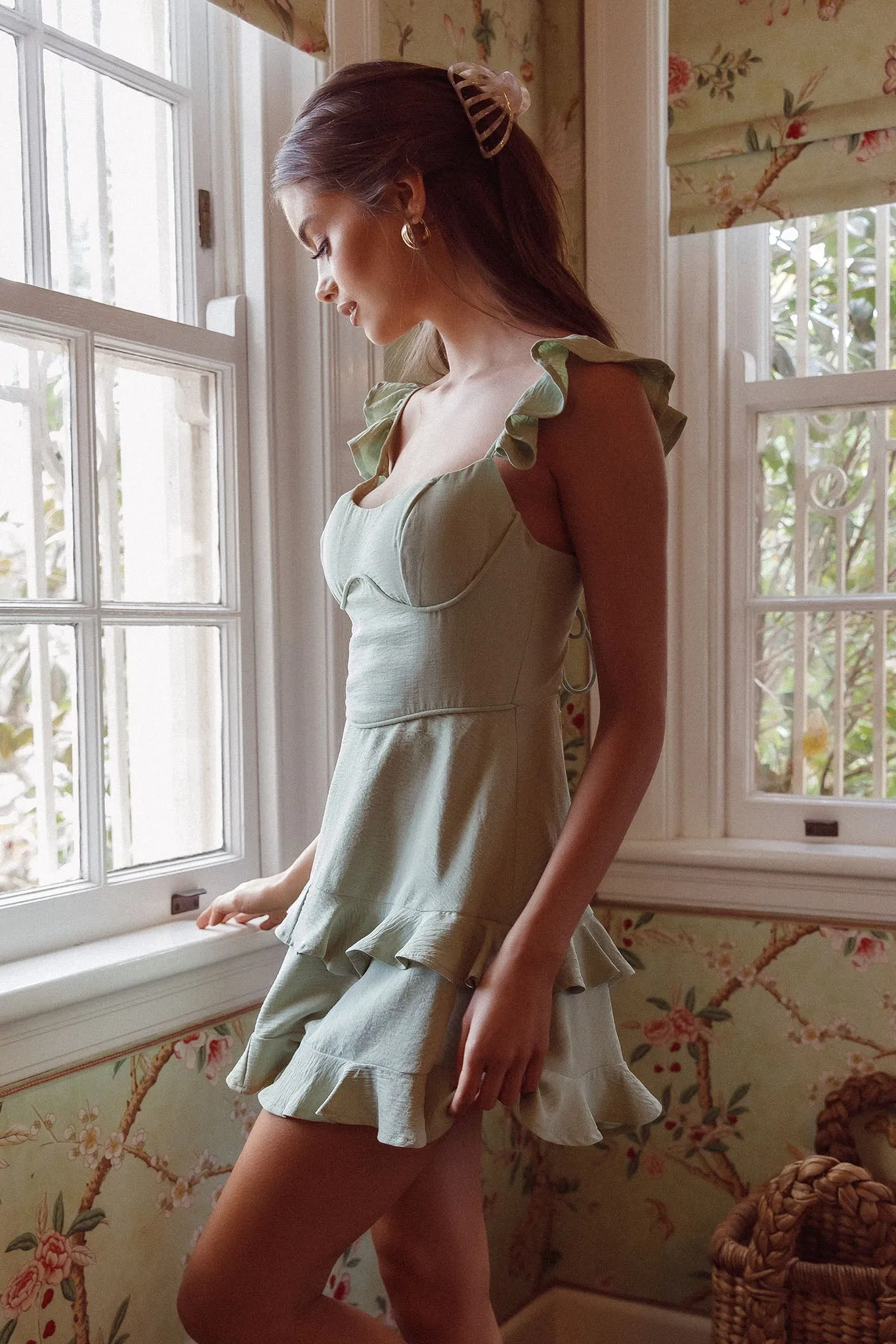 Moonlit Moment Ruffle Trim Piping Detail Lace-Up Back Dress Sage sold by Selfie Leslie product image thumbnail 5