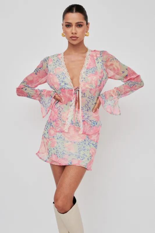 Sincerity Long Sleeve Tie Front Top Print Blue sold by Selfie Leslie