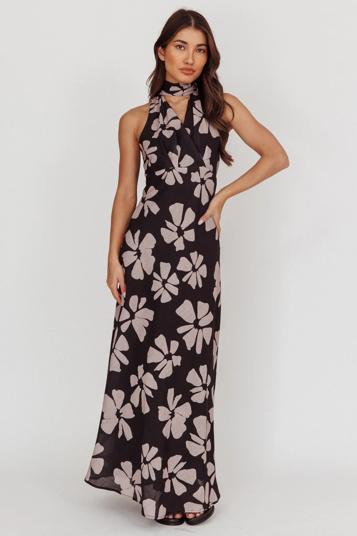 Italia Azure Halterneck Floral Maxi Dress Black sold by Selfie Leslie