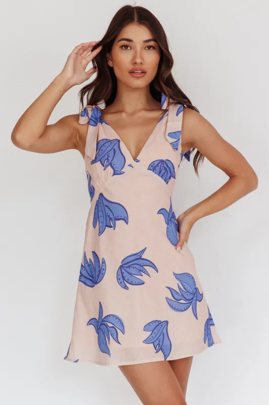 Mykonos Morning Tied Shoulder Mini Dress Plant Print Beige sold by Selfie Leslie