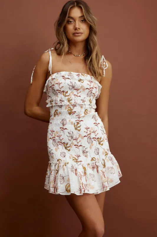 Lillith Shirred Bodice Frill Mini Dress Floral Rust sold by Selfie Leslie