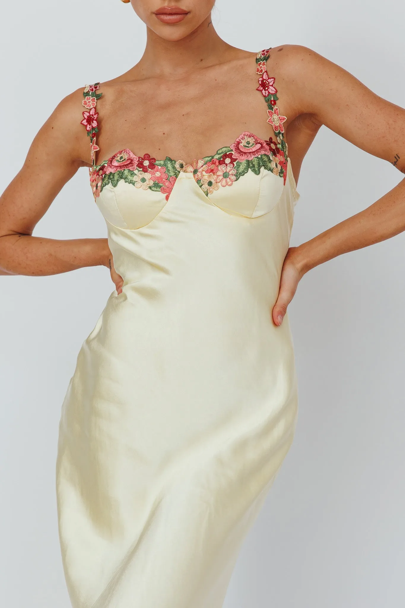 Rose Garden Floral Applique Midi Dress Yellow sold by Selfie Leslie product image thumbnail 4