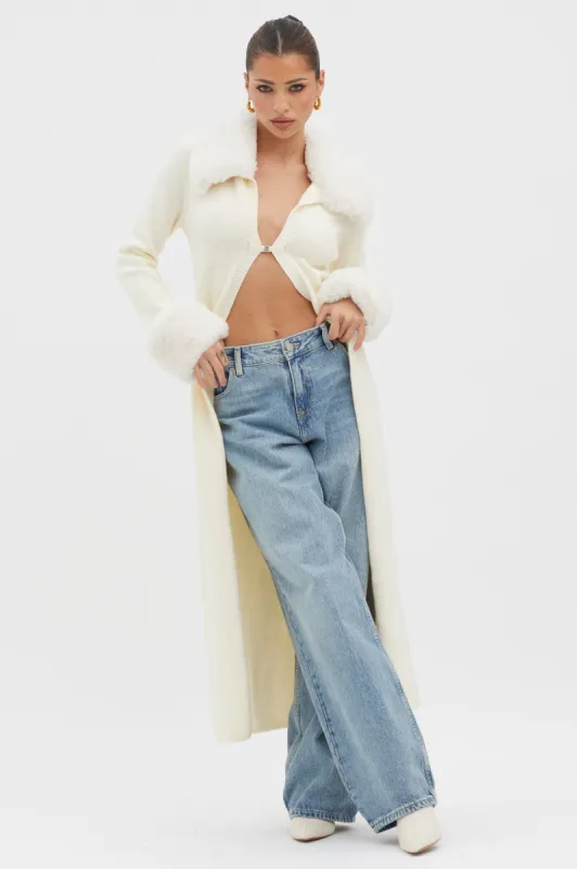 Snowflakes Fur Trim Longline Cardigan Coat Ivory sold by Selfie Leslie