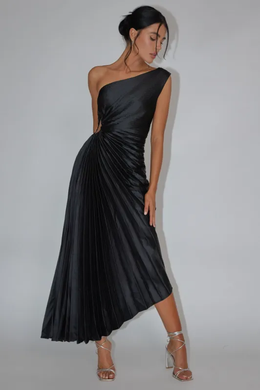 Brooklynn One-Shoulder Accordion Pleat Dress Black sold by Selfie Leslie