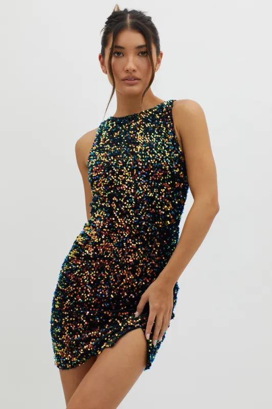 Bedazzle Keyhole Back Sequin Mini Dress Navy sold by Selfie Leslie