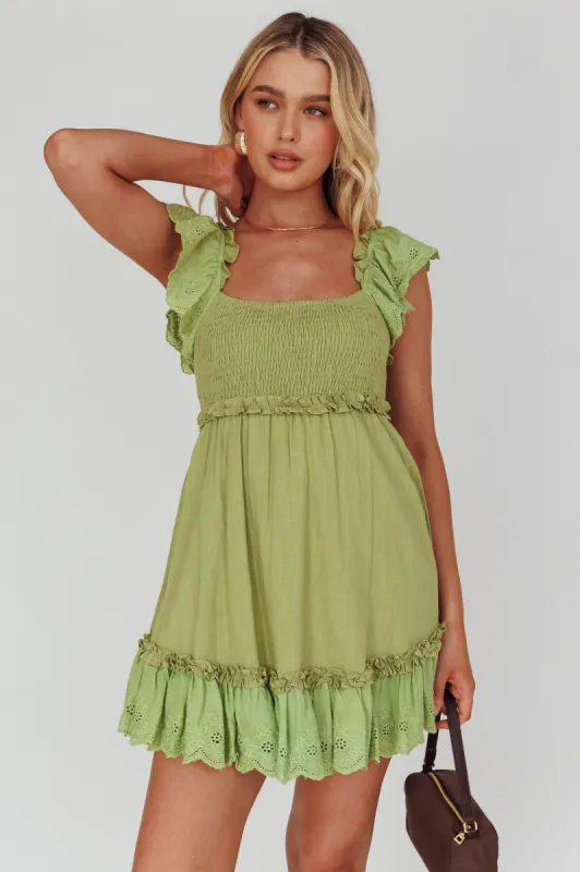 Bay Breeze Frill Shoulder Shirred Bodice Dress Olive sold by Selfie Leslie